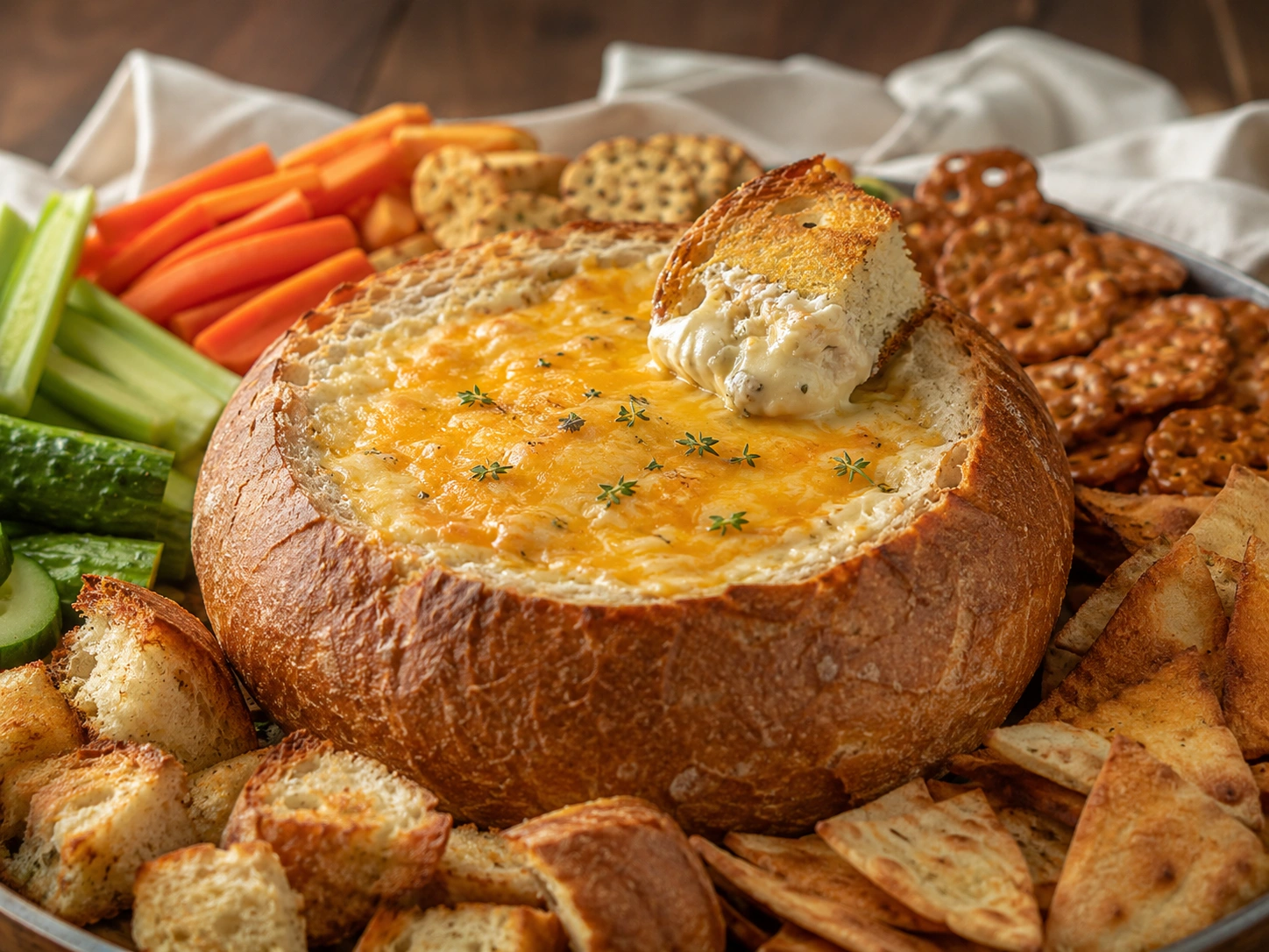 Cob loaf dip centerpiece arranged on a platter with crackers and vegetables